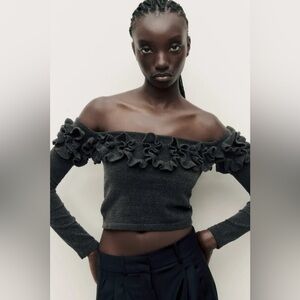 NWT Zara Woman Ruffled Chenille Crop Top Grey Size S Small